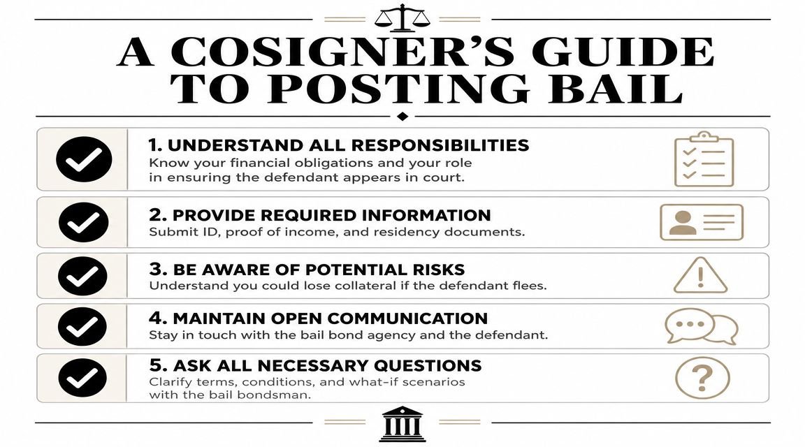 A guide for cosigners on the five essential steps for posting bail for a defendant.