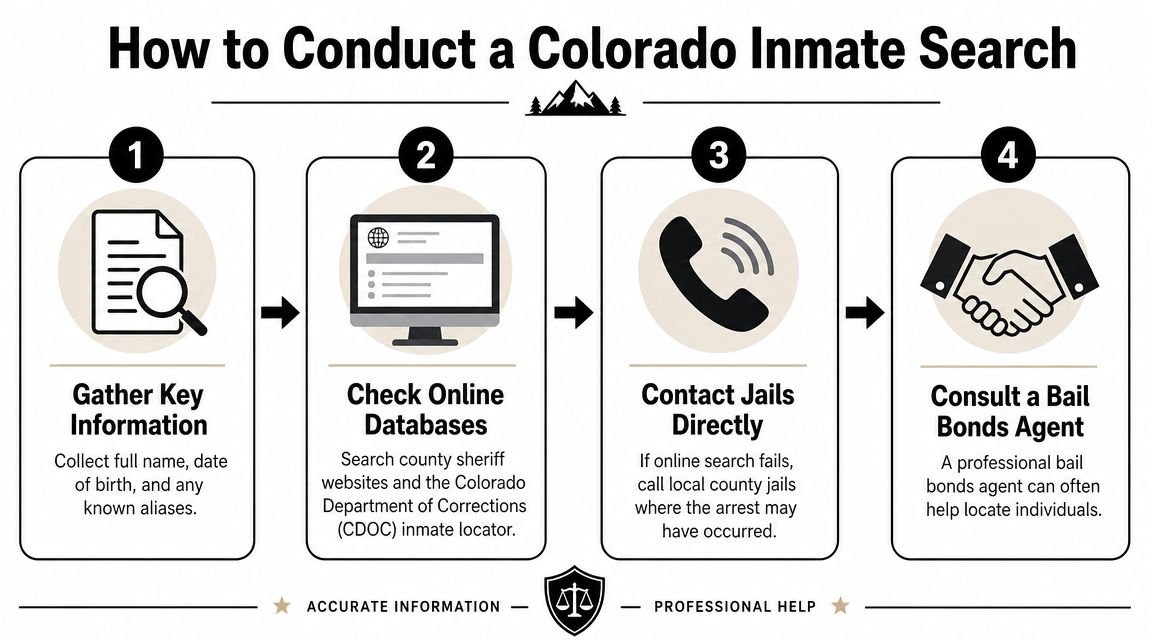 A step-by-step infographic titled How to Conduct a Colorado Inmate Search with four numbered informational steps.