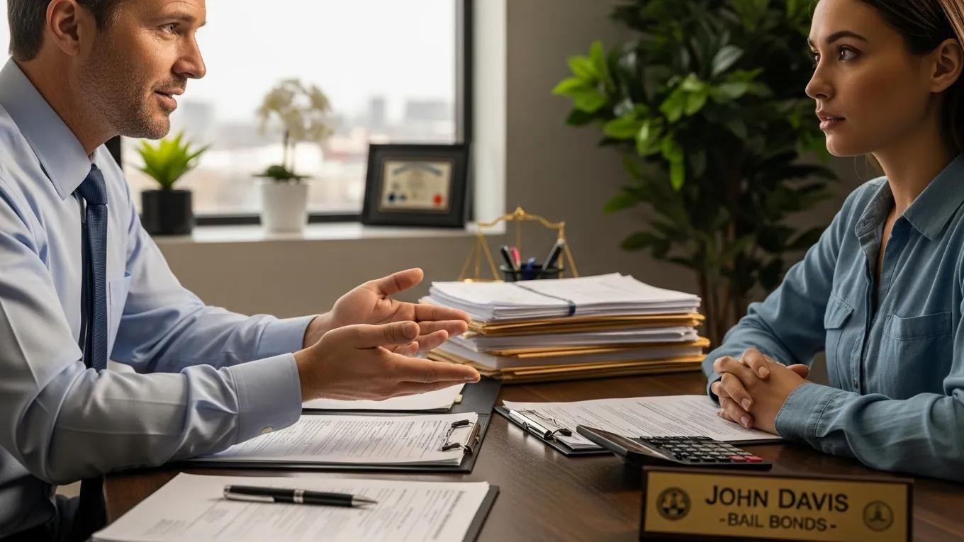 Bail bondsman assisting a client with securing bail bonds, illustrating the process and support available
