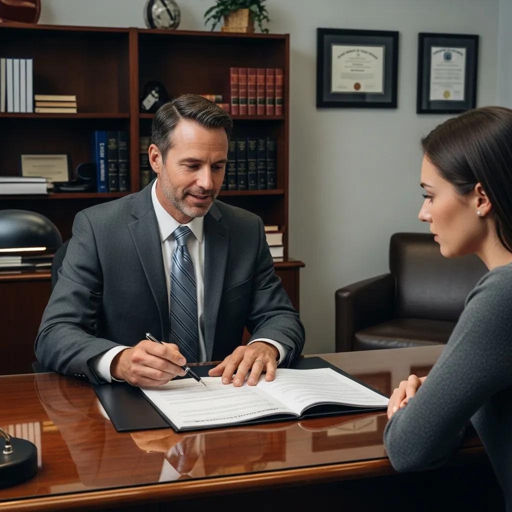 Bail bondsman explaining the bail bond process to a client in a professional office setting