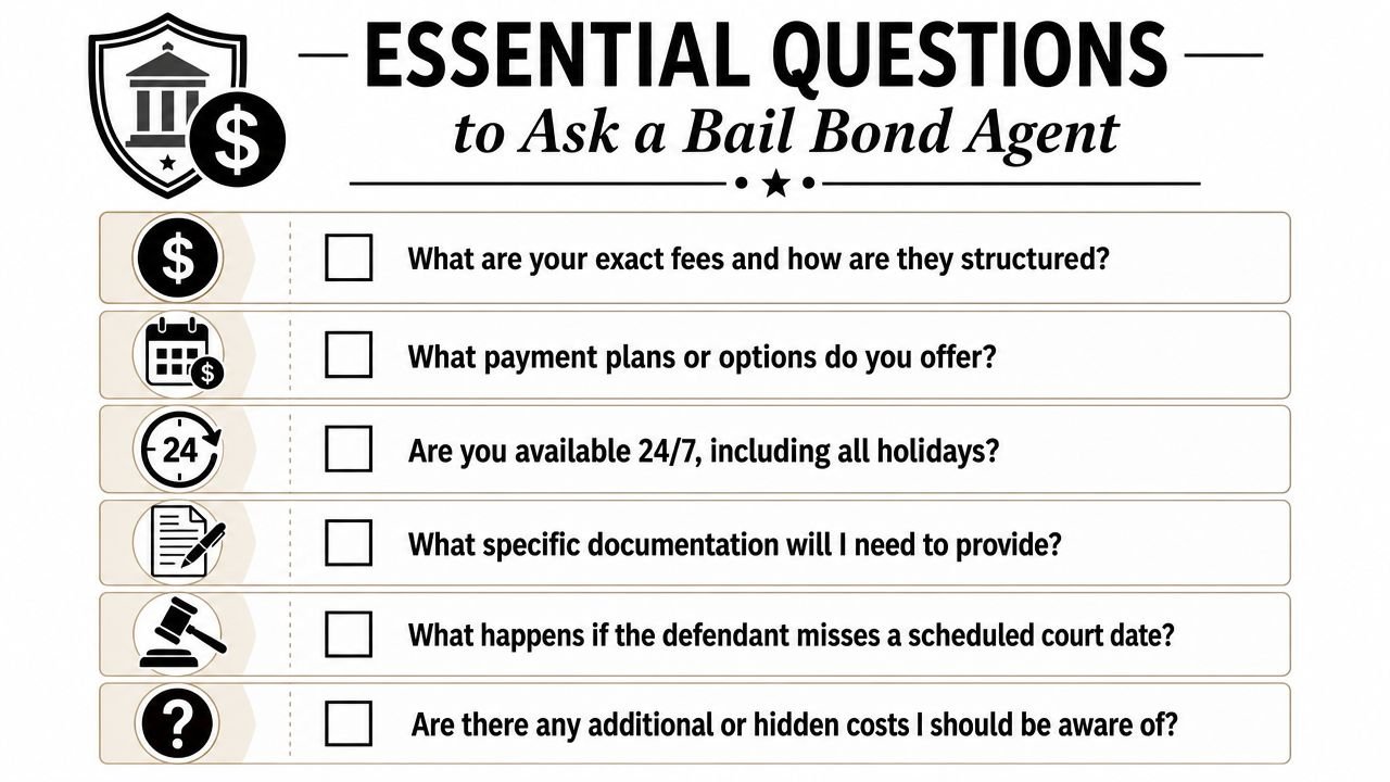 A checklist of six essential questions to ask a professional bail bond agent before hiring them.