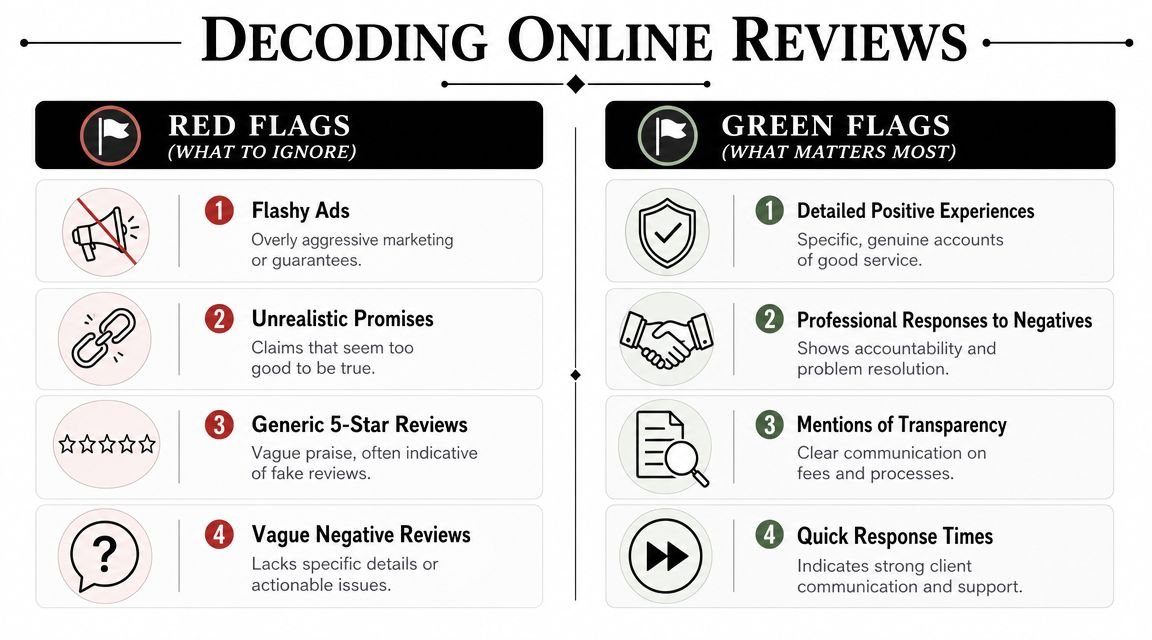 An infographic titled Decoding Online Reviews displaying red flags to ignore and green flags that matter most.
