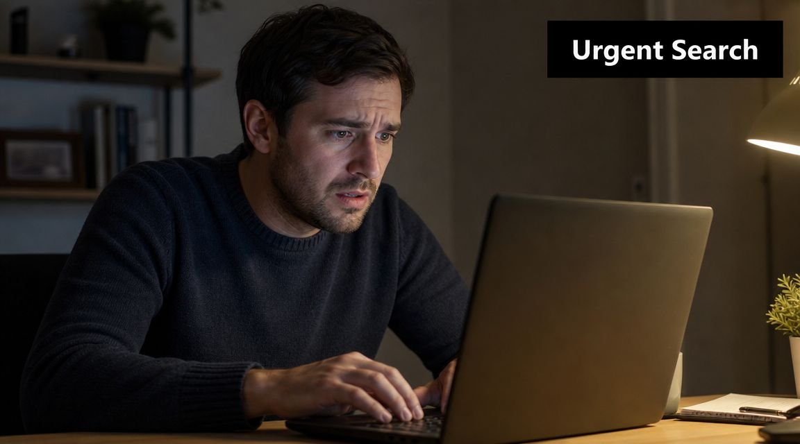 Person searching online for bail bond services, focused on urgent search, laptop in dimly lit room, emphasizing the need for reliable information and support.