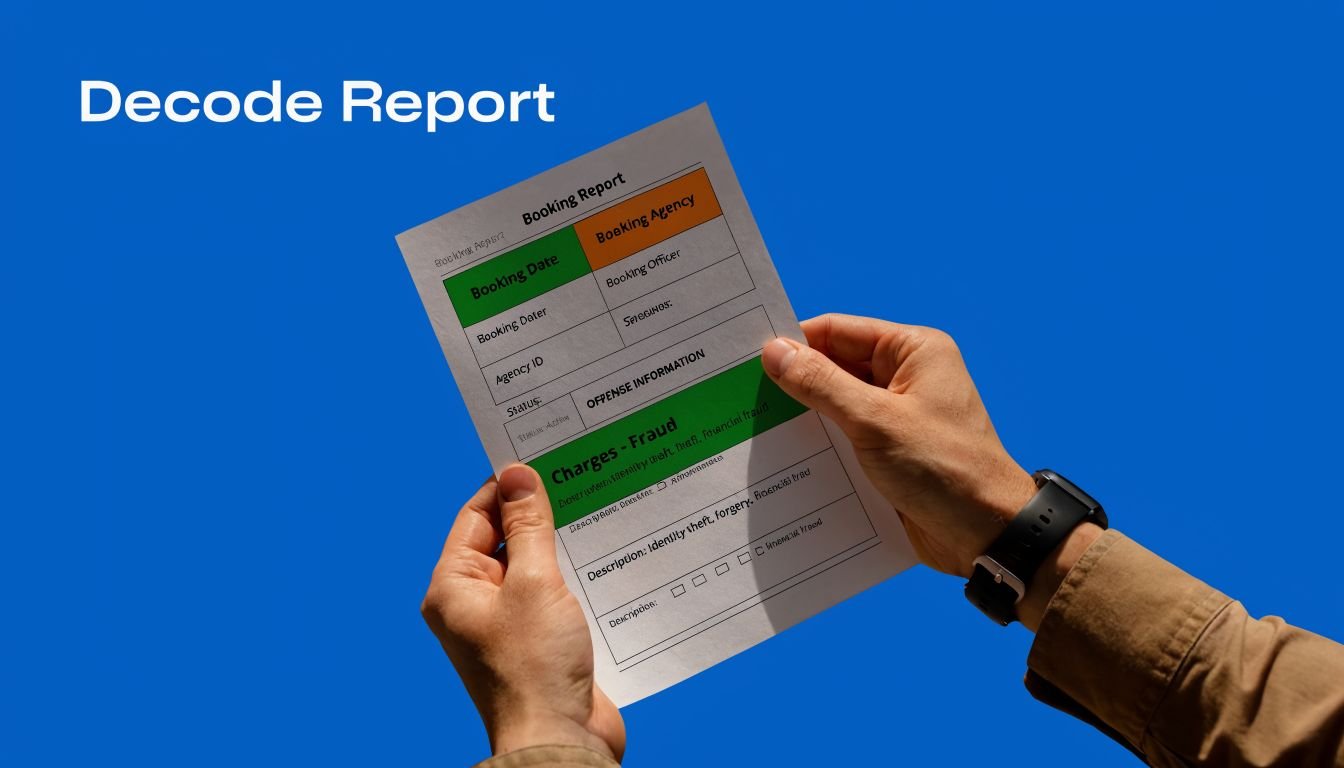 A person holds a paper Booking Report document featuring charges of identity theft and financial fraud.