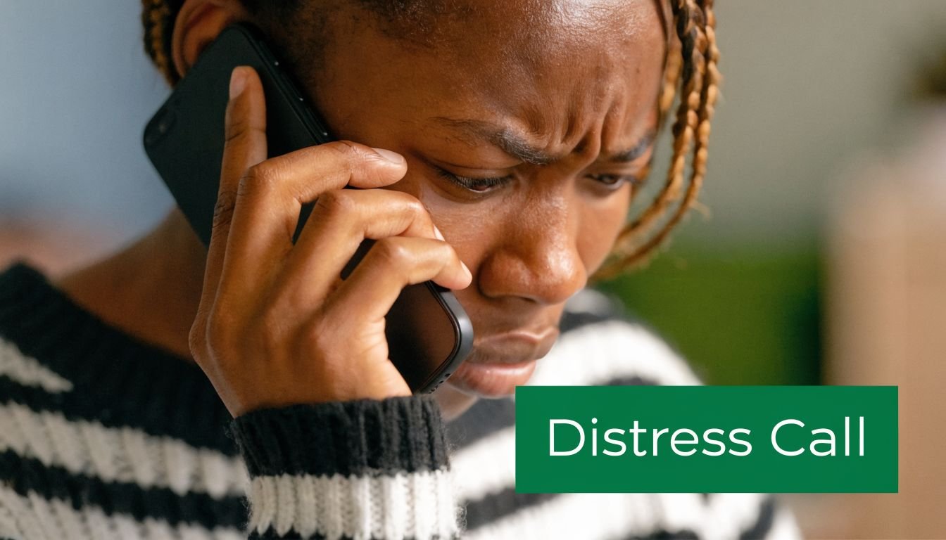 A distressed Black woman with a concerned expression talking on her smartphone, conveying feelings of urgent worry.
