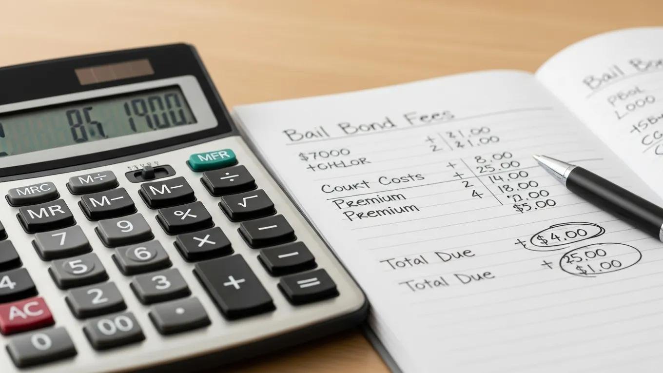 Calculator and notepad with notes on bail bond fees