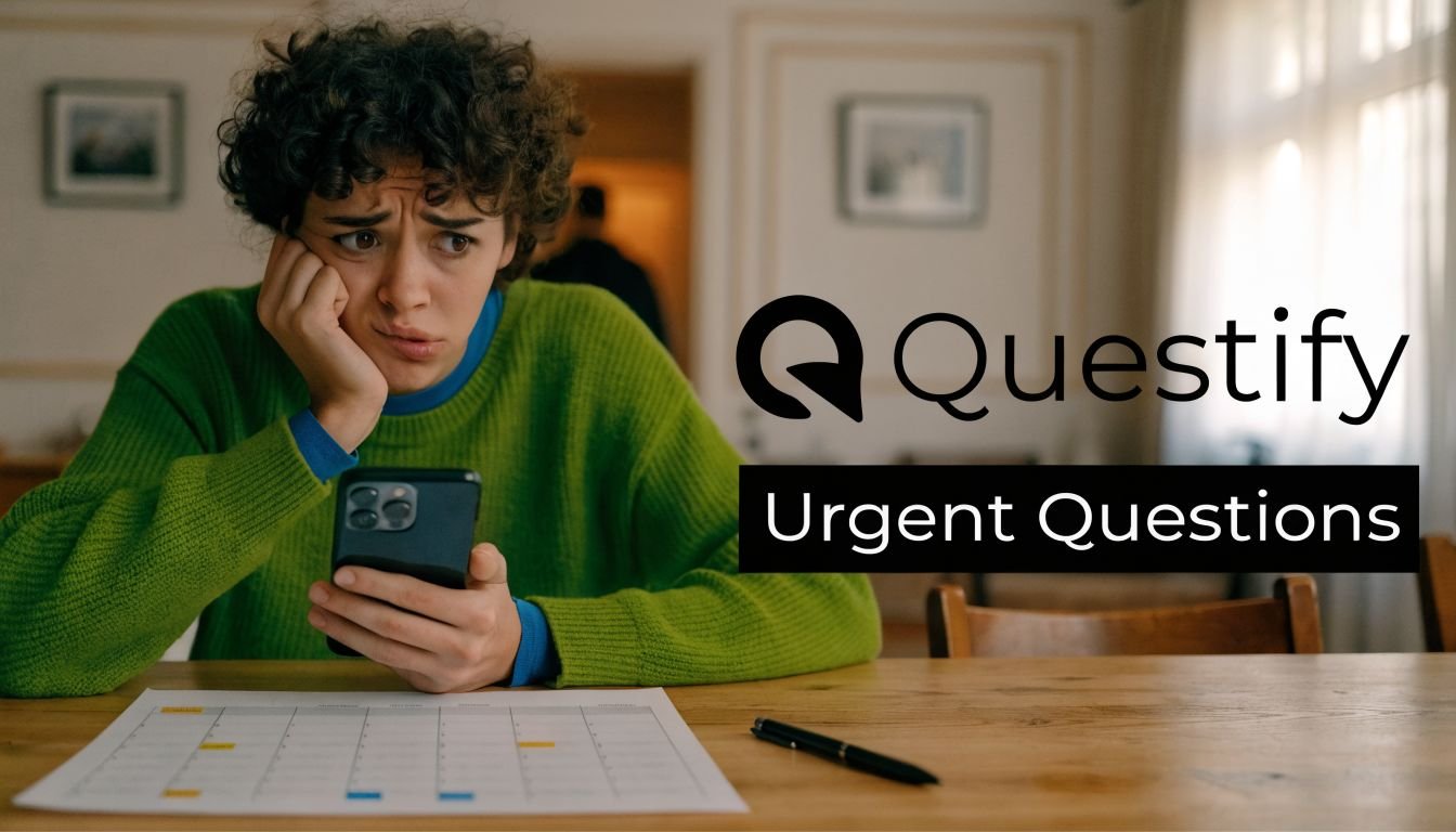 A confused person looking at a smartphone while sitting at a table with a planner and pen.