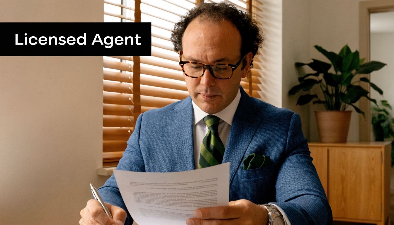 A professional licensed agent in a blue suit carefully reviewing a legal document at his desk.