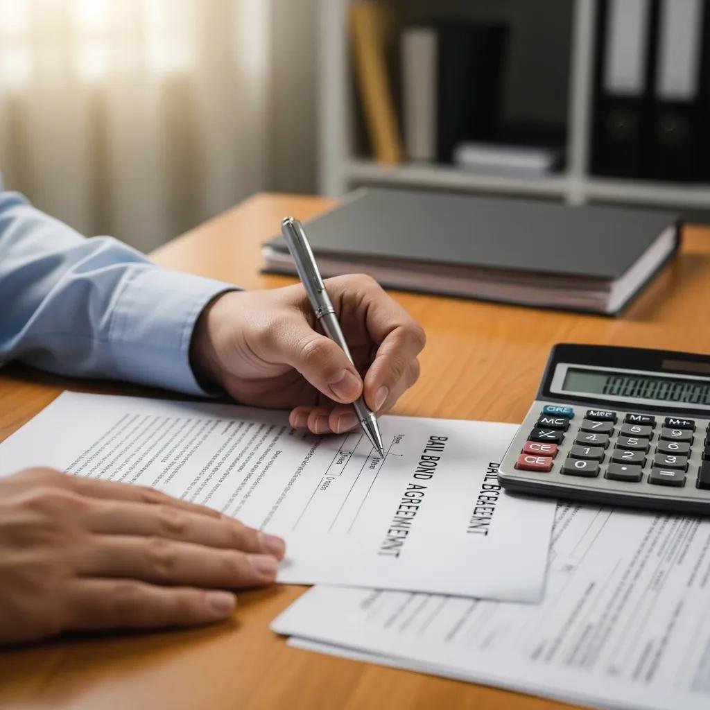 Close-up of hands signing a bail bond agreement in a professional workspace