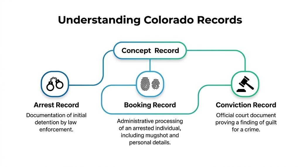 A flowchart explaining the definitions of Colorado arrest, booking, and conviction criminal records for public understanding.