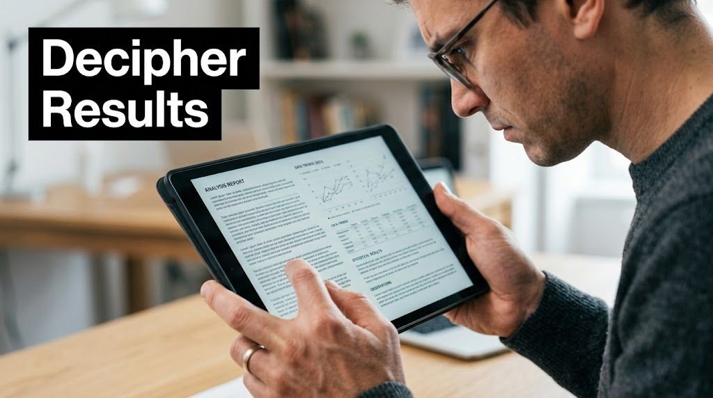 A professional man with glasses reviews digital data and analysis reports on a tablet screen.