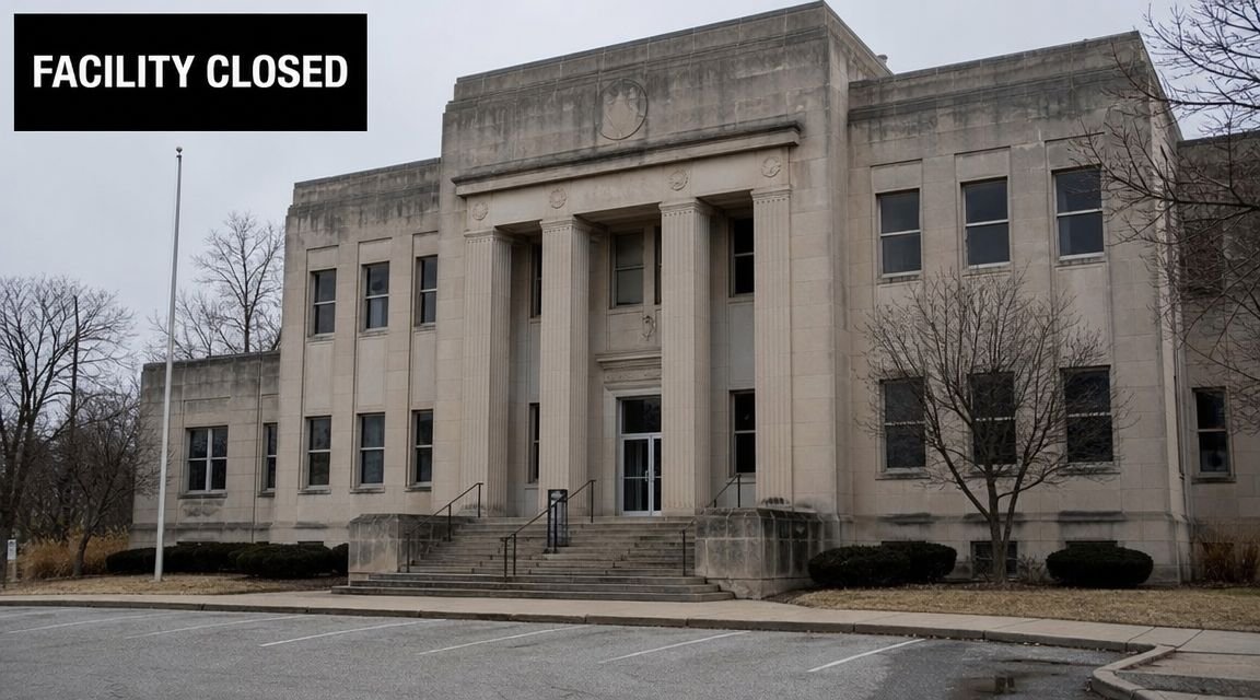 A historic stone building with columns and steps, marked as a closed facility in an overcast setting.