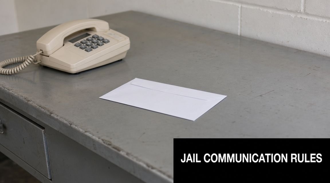 A beige landline phone and a white envelope sitting on a metal jail desk.