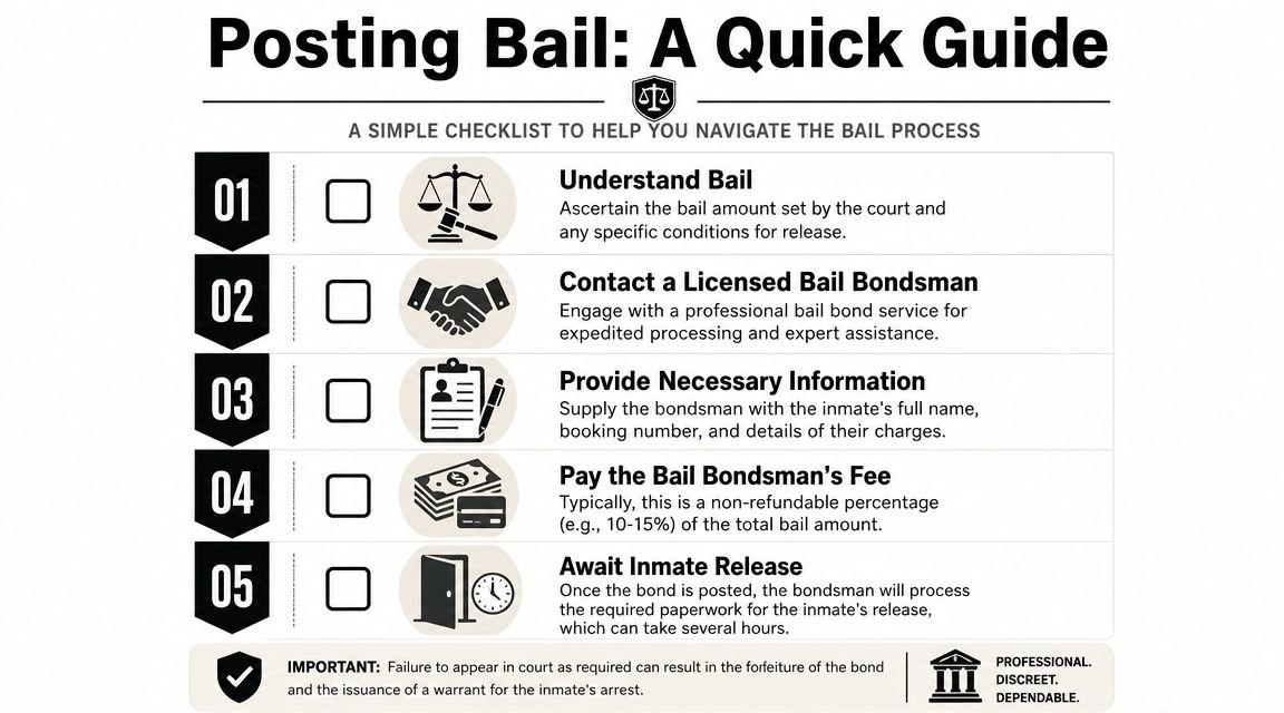 A quick guide checklist infographic outlining the five steps to posting bail for a jail inmate.