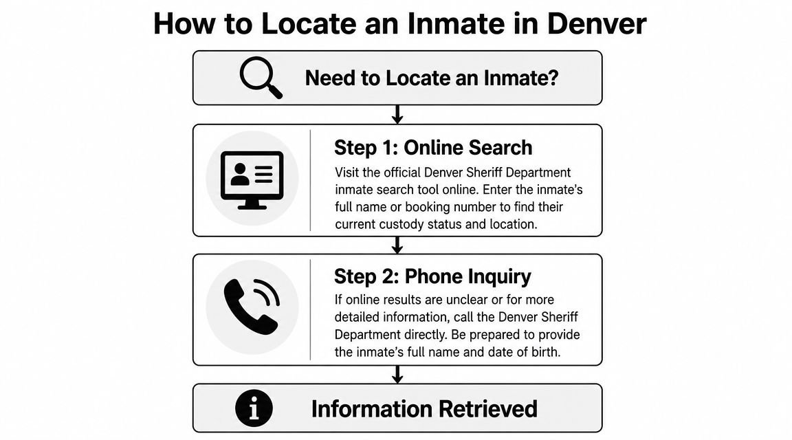 A flow chart showing the steps for finding an inmate within the Denver Sheriff Department system.