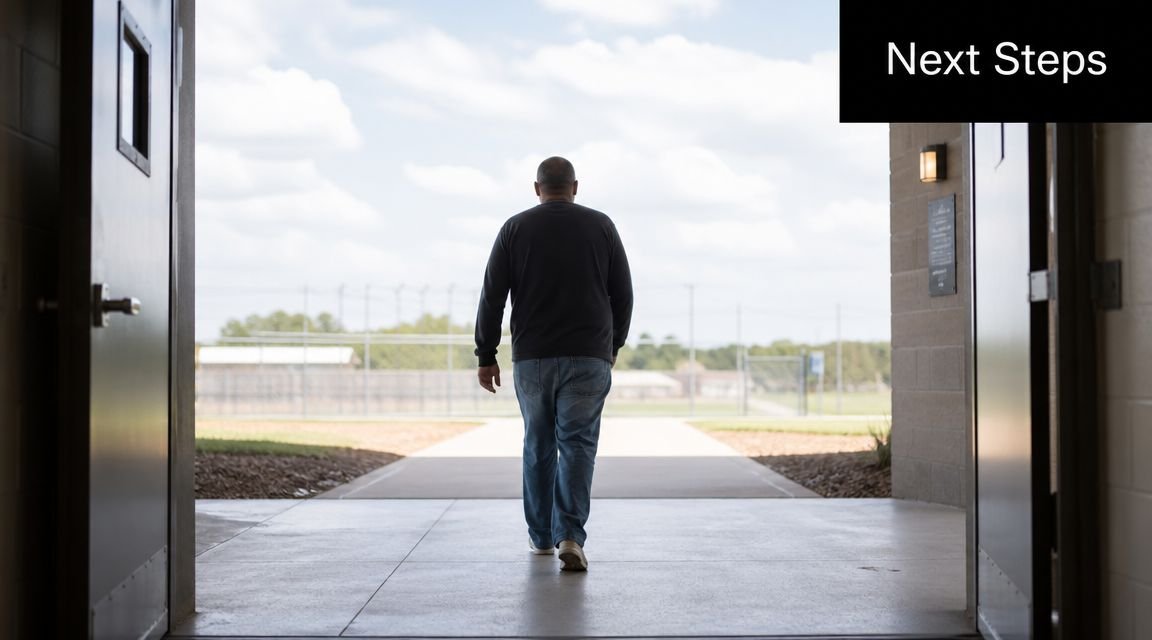 A man wearing jeans and a black sweater walks out through open doors into daylight.