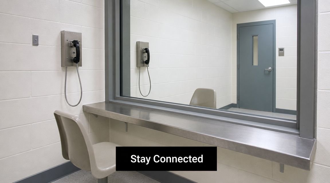 A sterile jail visitation room with a glass partition, metal chairs, and telephones for inmate communication.