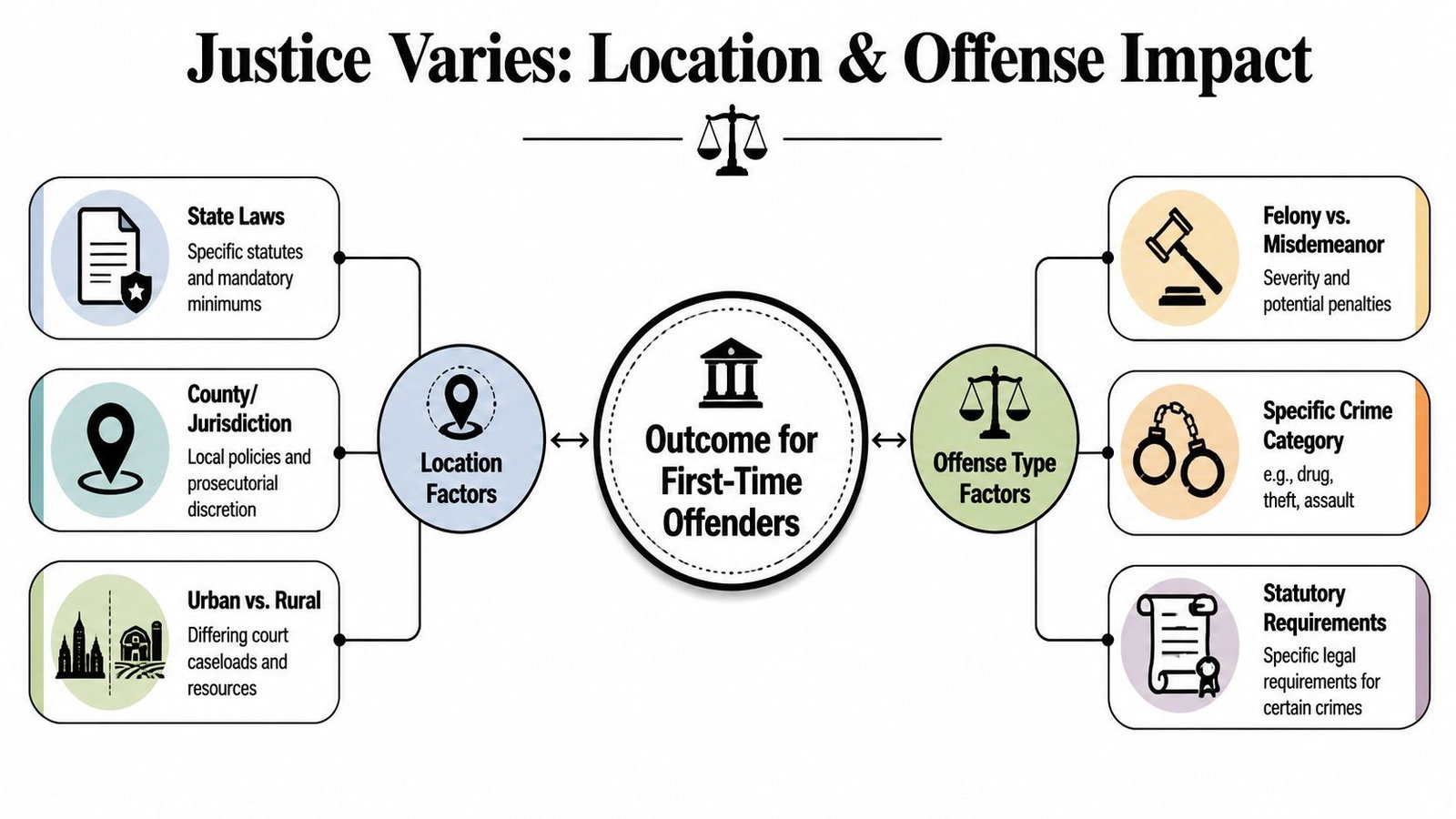 A diagram illustrating how location and offense type influence judicial outcomes for first-time offenders.