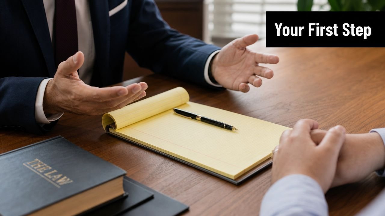 A professional attorney in a suit consults with a client at a wooden office desk.