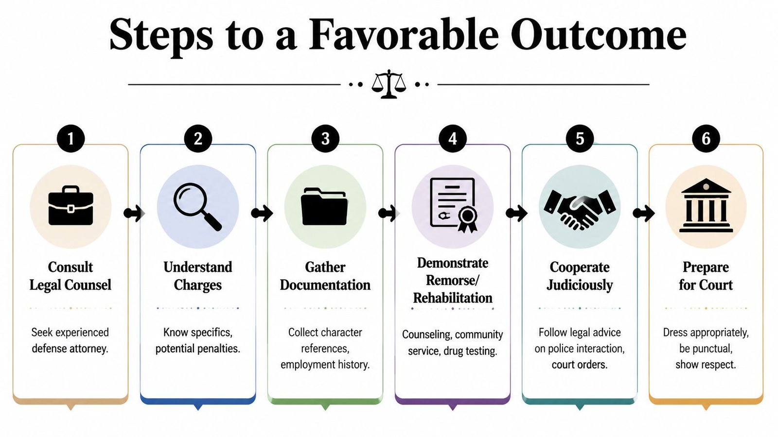 A step-by-step infographic titled Steps to a Favorable Outcome illustrating six stages for legal navigation.