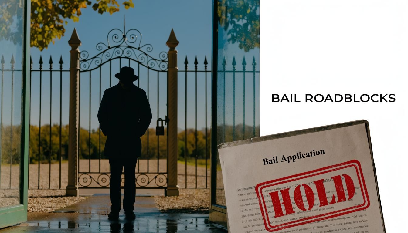 A silhouette of a man standing before a gated entrance next to a rejected bail application form.