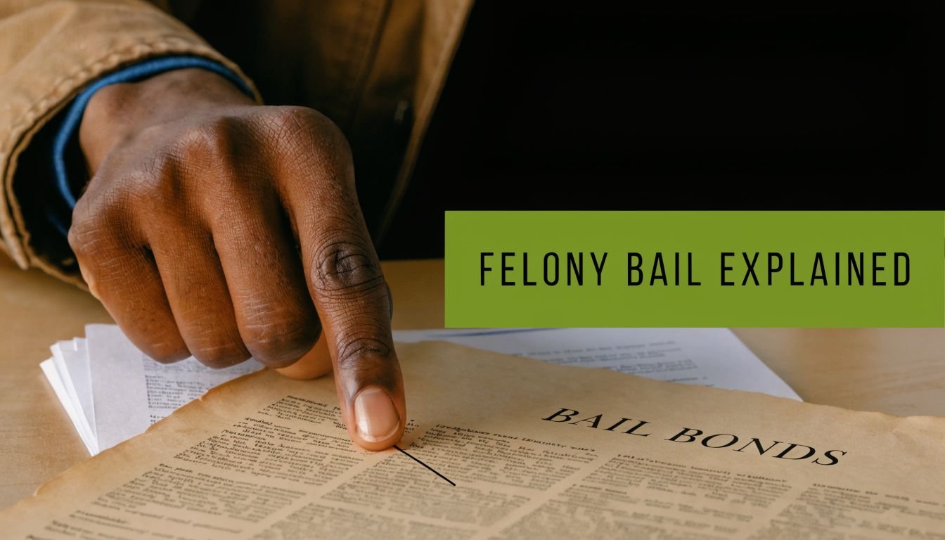 A person's finger pointing at a document titled Bail Bonds about felony bail explanations.