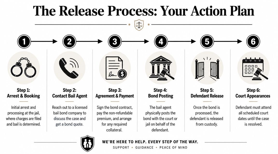 A six-step visual infographic explaining the legal process for obtaining bail bonds after an arrest.