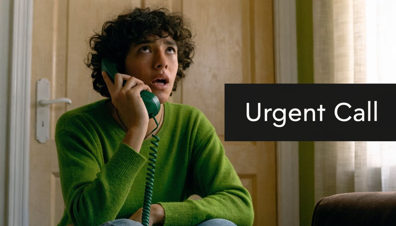 A young person with curly hair talking on a vintage telephone with an expression of urgent concern.