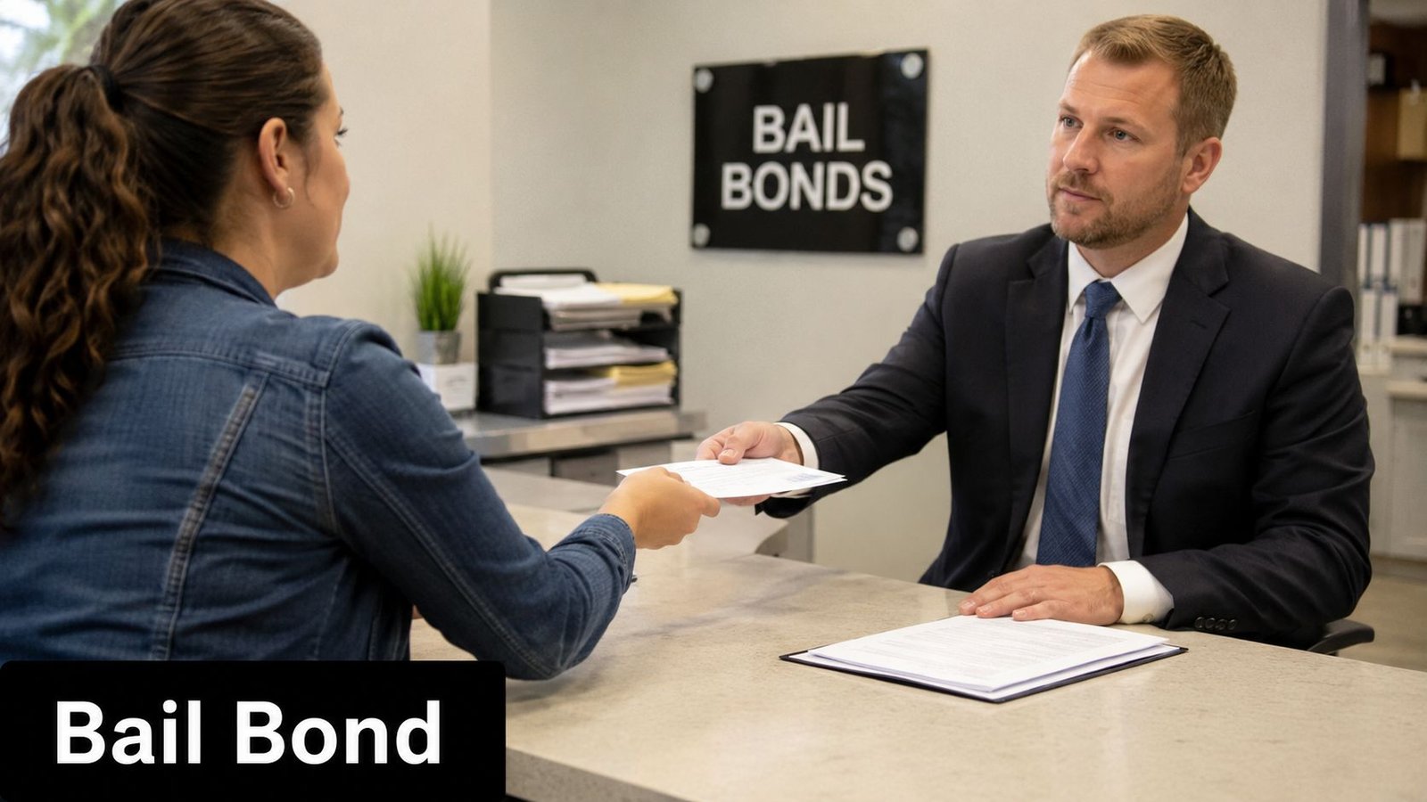 A professional bail bondsman handing paperwork to a woman across a desk in an office setting.