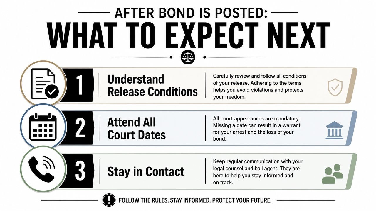 An infographic titled After Bond Is Posted, explaining the three key steps: understand conditions, attend court, and stay connected.