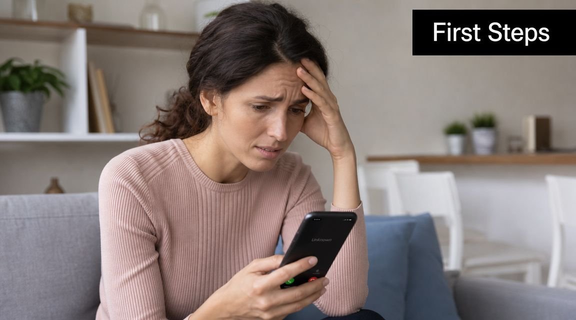 A distressed woman sits on a couch holding a smartphone displaying an unknown caller ID.
