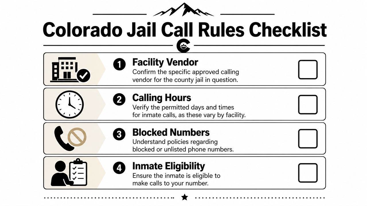 A checklist titled Colorado Jail Call Rules for understanding inmate communication guidelines and facility requirements.