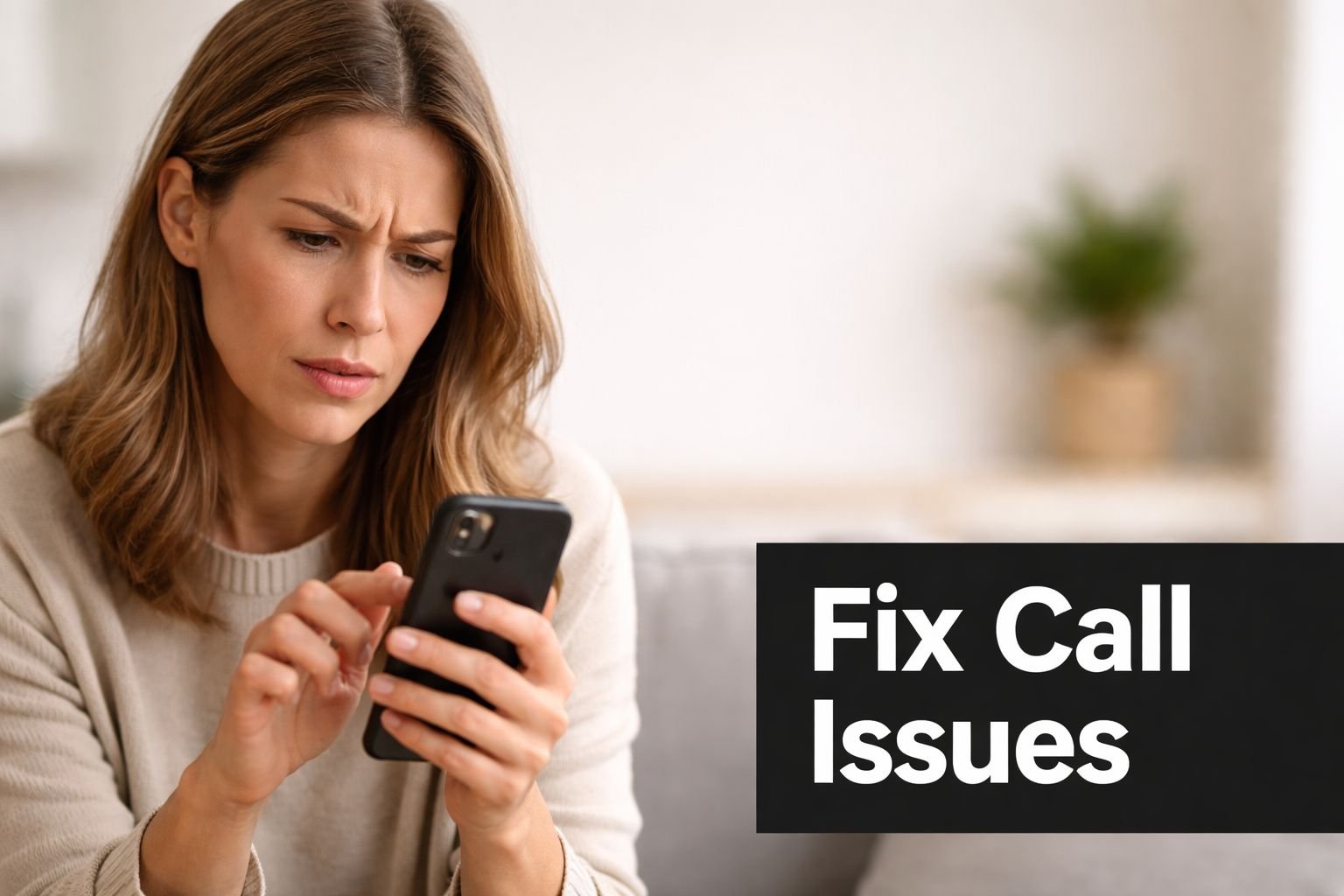 A concerned woman looking at her smartphone while troubleshooting common mobile phone call connectivity issues.