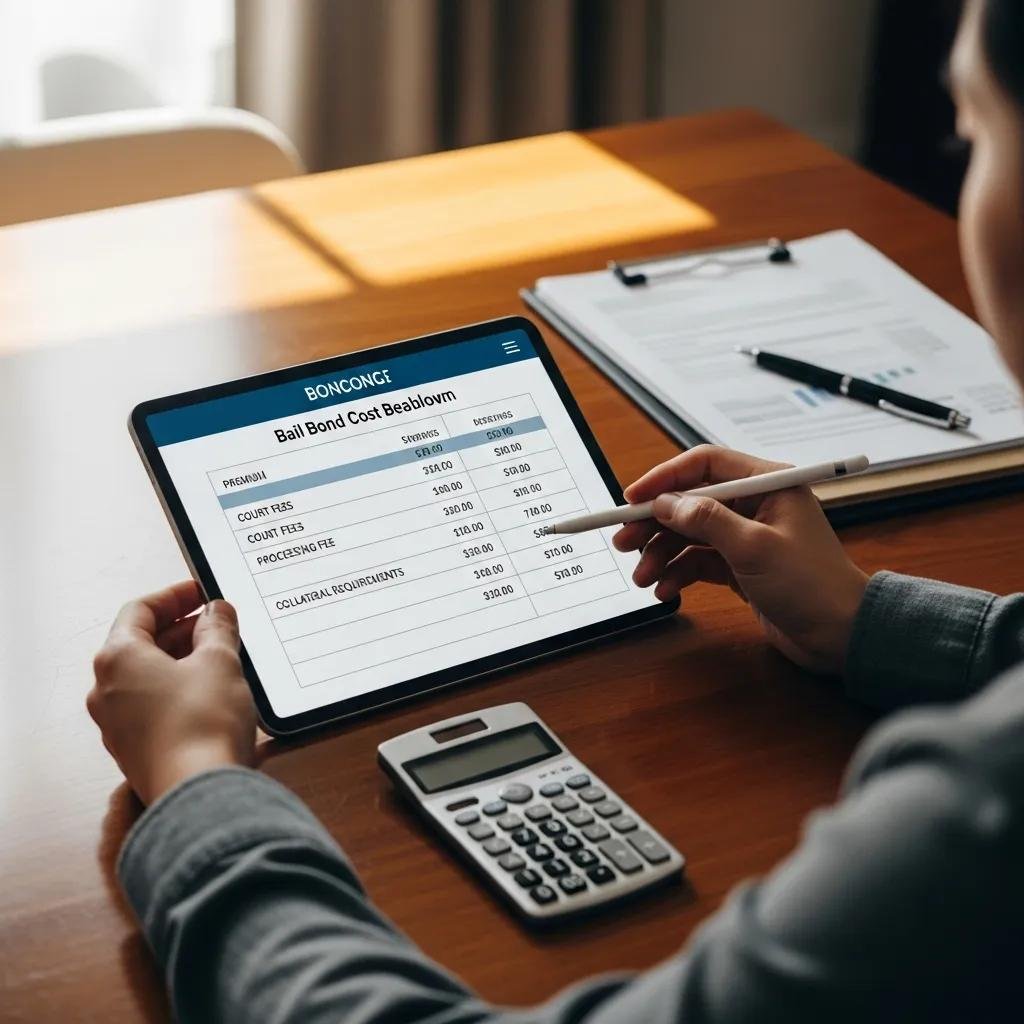 Individual reviewing bail bond costs and payment plans on a tablet