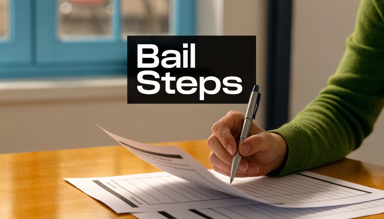 A person writing on paperwork on a wooden table with the text Bail Steps overlaid above.