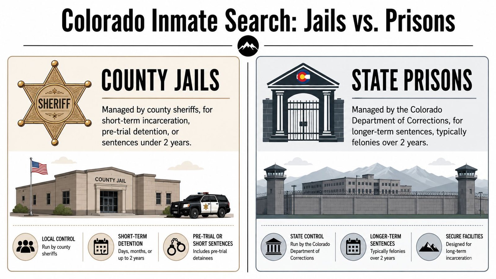An infographic comparing Colorado county jails and state prisons, highlighting management, sentence length, and purpose.