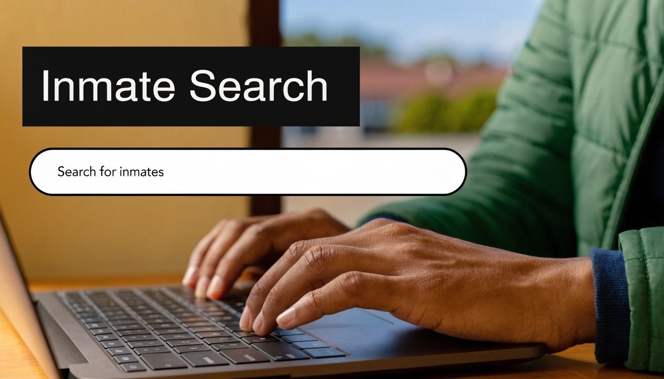 A person types on a laptop computer to perform an online search for inmates in a database.