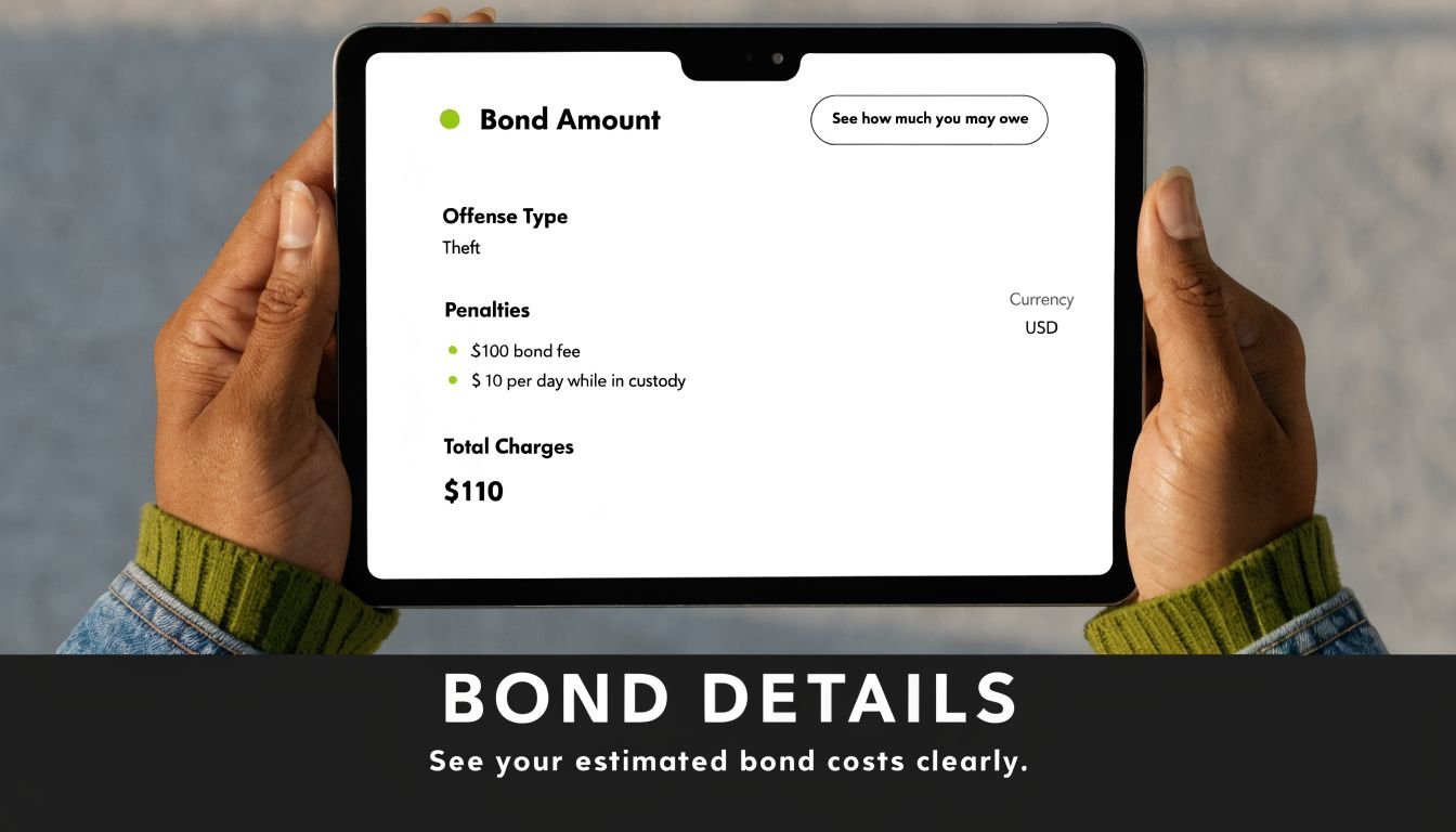 A digital tablet displaying bond amount details including offense type, penalties, and total charges for theft.