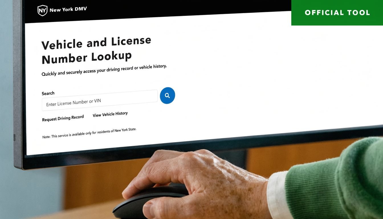 A person using a computer to access the New York DMV official vehicle and license number lookup tool.