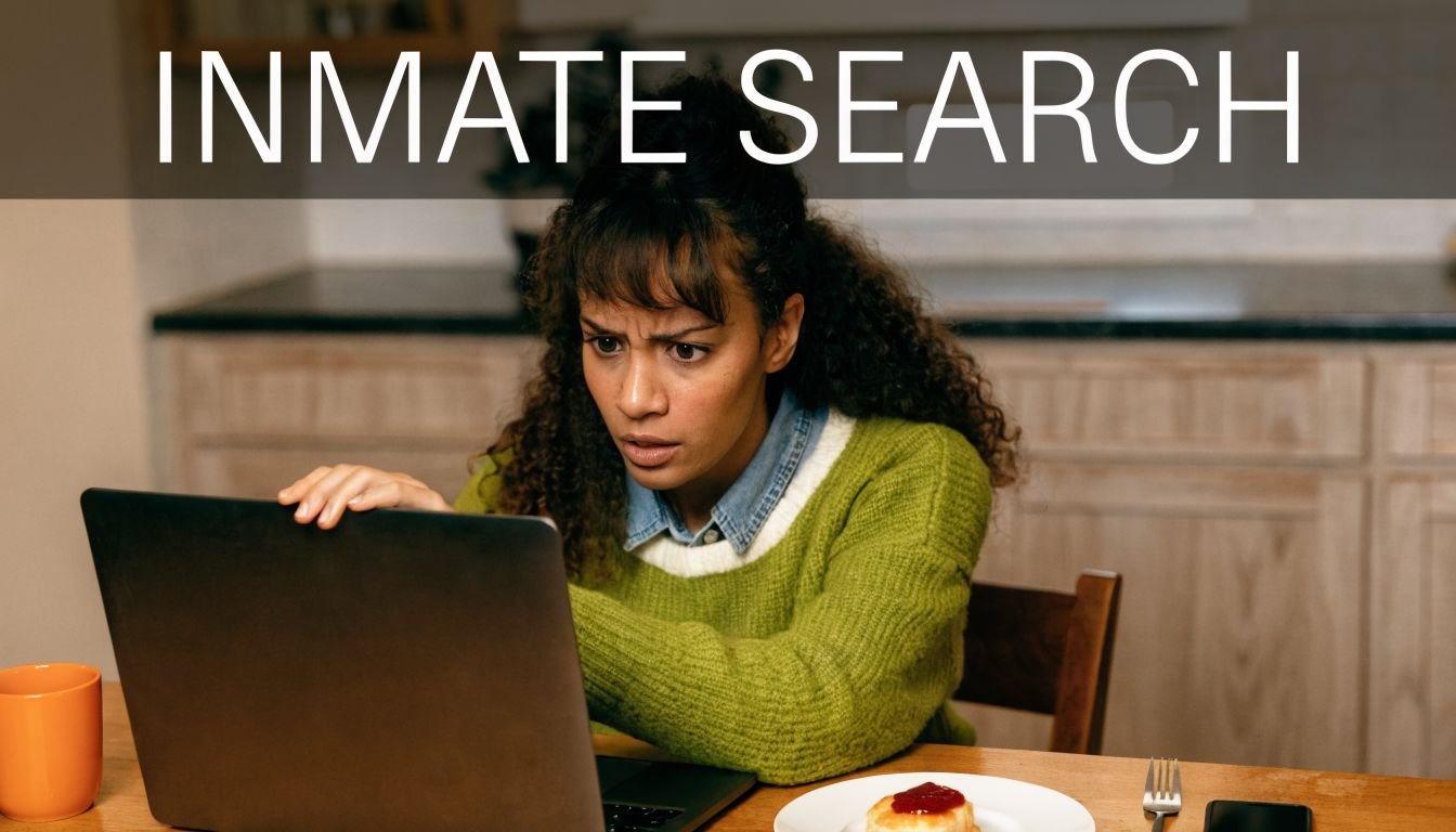 A concerned woman sitting at a kitchen table looking shocked while searching an online inmate database.