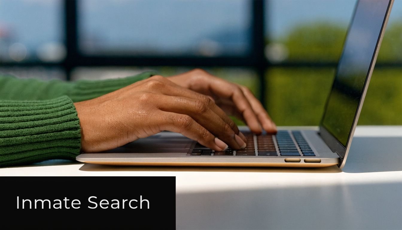 A close-up view of a person's hands typing on a laptop, with an Inmate Search label visible.