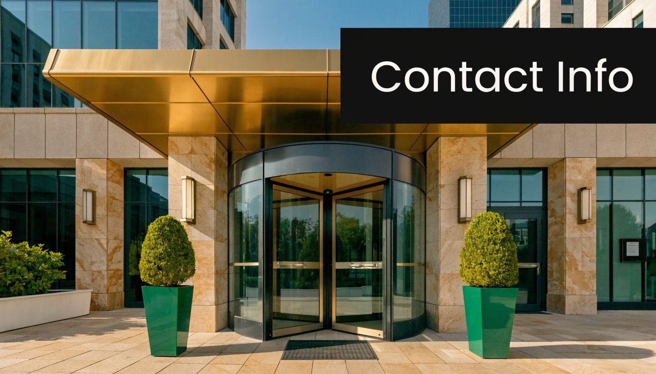 A modern commercial building entrance featuring a gold canopy and a revolving glass door with greenery.