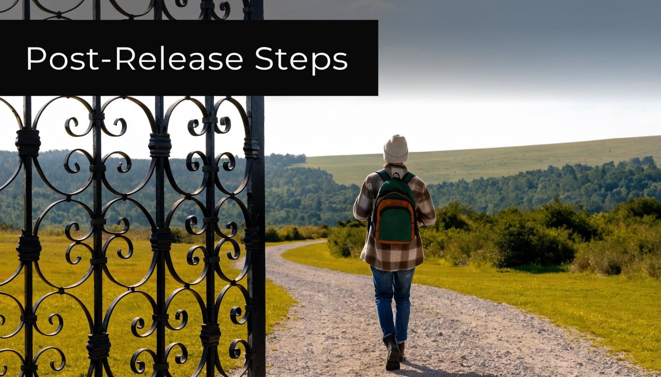 A person with a backpack walking down a dirt path through an open metal gate outdoors.