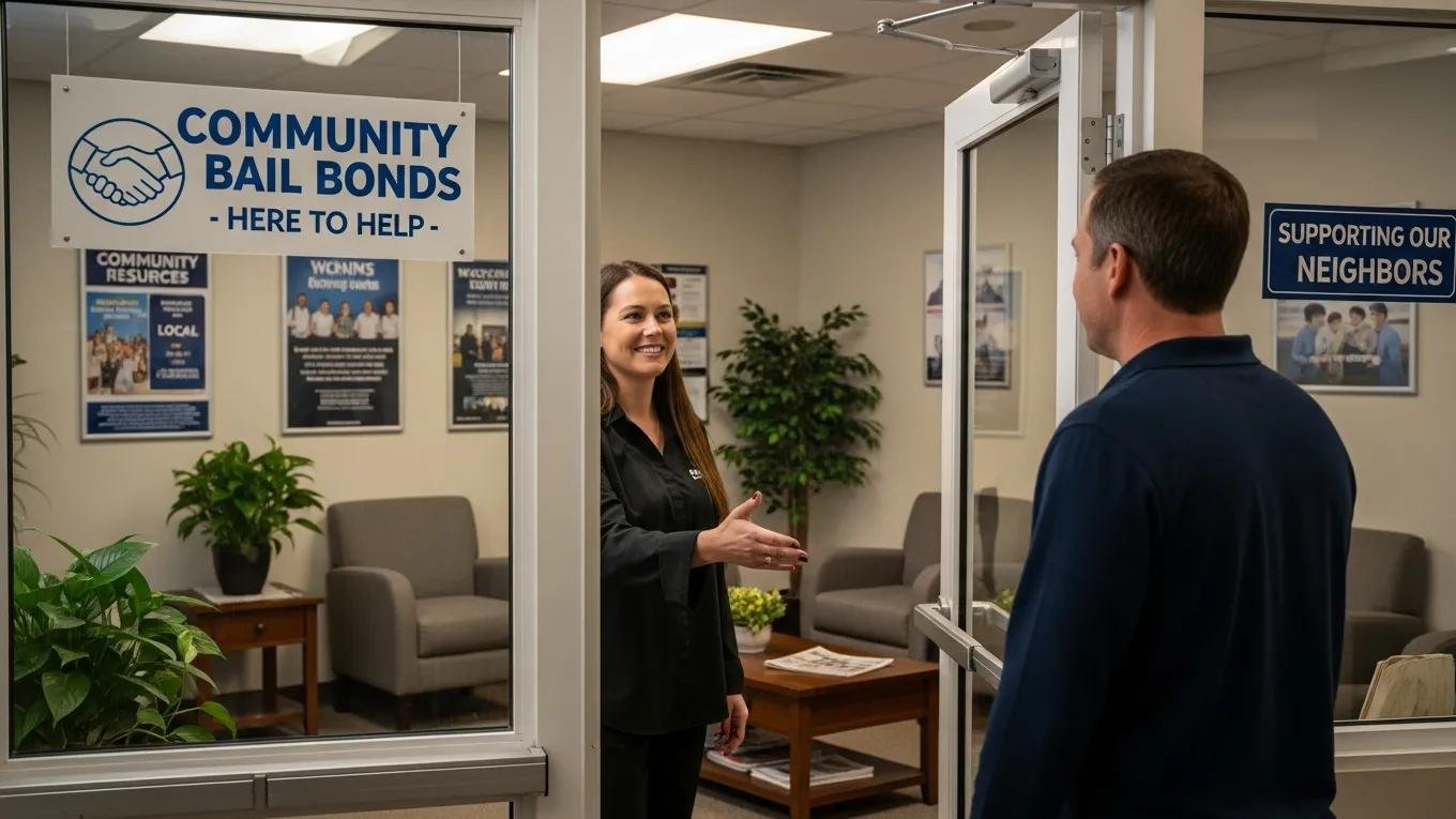 Local bail bond office with staff welcoming a client, emphasizing community support