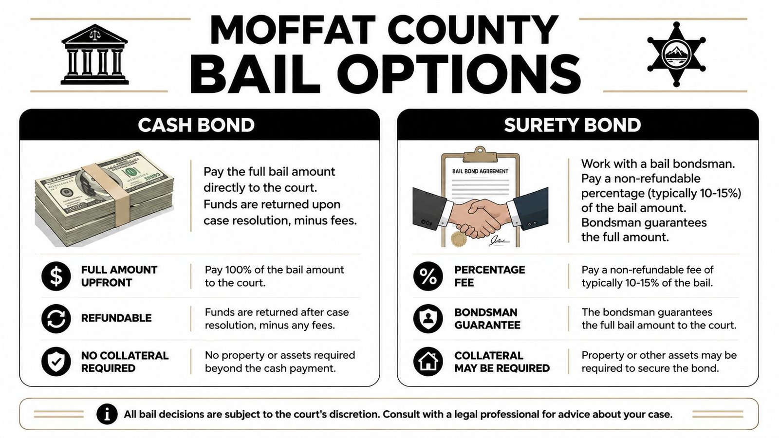 An infographic showing Moffat County bail options comparing cash bonds and surety bonds for legal reference.