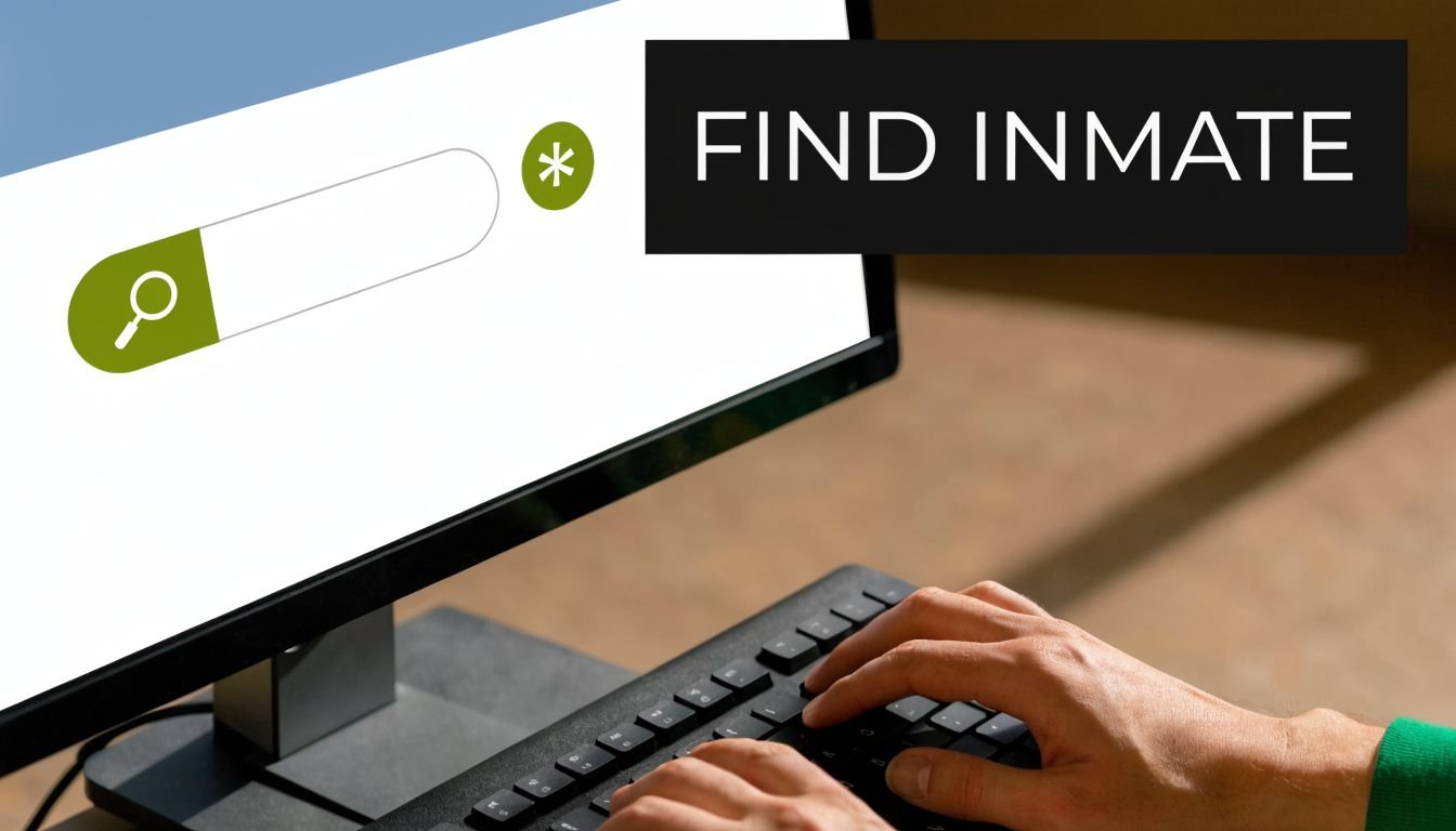 A close-up view of a person using a computer to search for an inmate online.