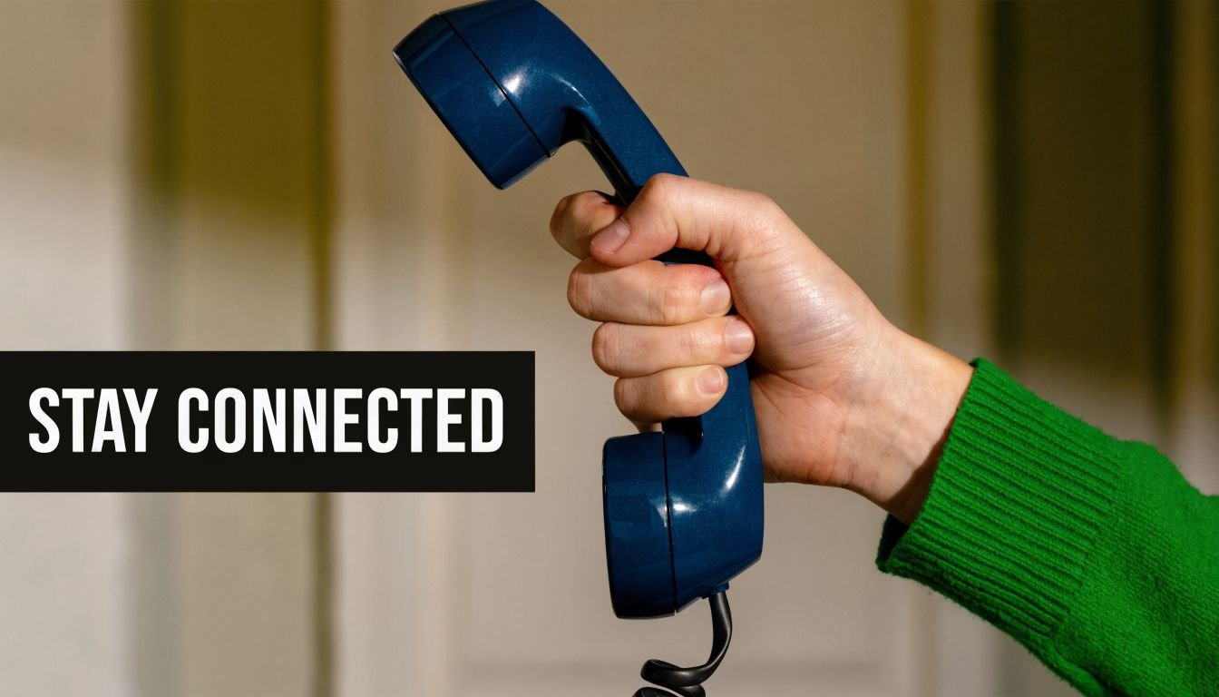 A hand holding a blue landline telephone receiver with the text Stay Connected on the left side.