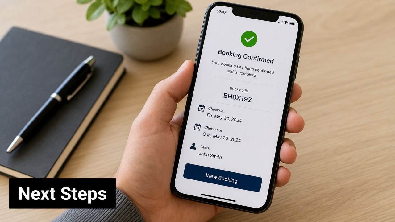 A person holding a smartphone showing a booking confirmation screen on a wooden desk with a notebook.