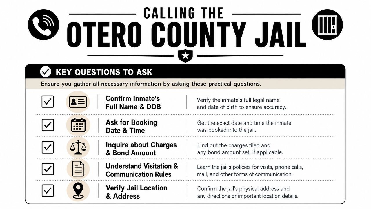 A guide listing essential questions to ask when calling the Otero County Jail for inmate information.