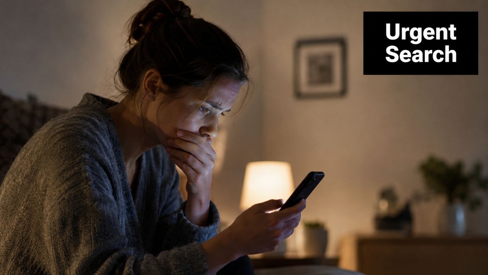 A concerned woman sits in a dimly lit room looking at her smartphone during the night.